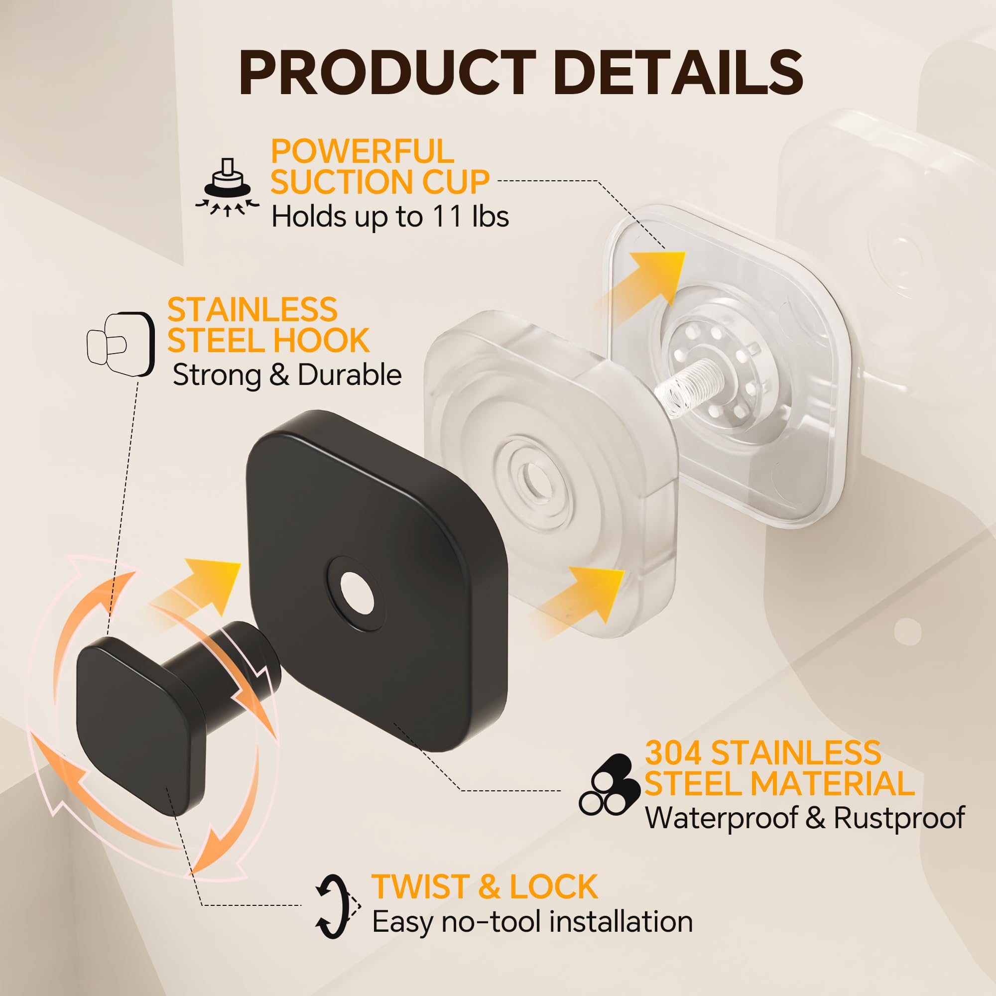 4 Pack Stainless Steel Suction Cup Hooks for Shower, Removable No Drill Towel Hooks for Bathroom Glass Door Mirror Tile, Waterproof Rustproof Suction Hooks for Loofah, Bath Robe, Coat, Matte Black