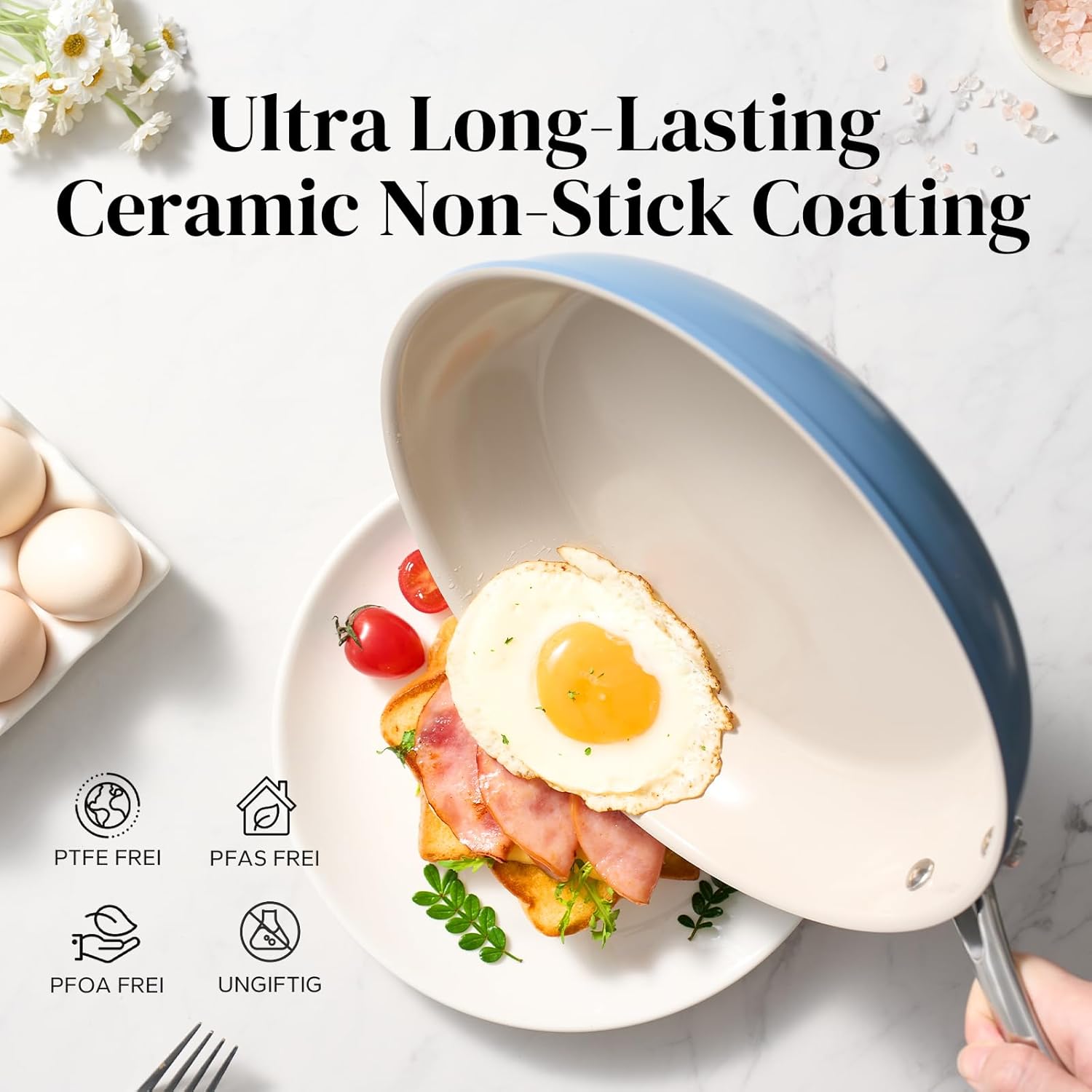 Redchef Nonstick Ceramic Egg Pan - 8 Inch Frying Skillet with Stay Cool Handle | PTFE & PFOA Free, Dishwasher Safe (Blue)