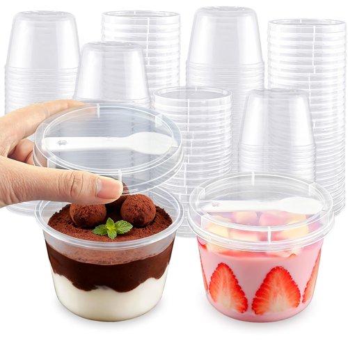 Nefocar 50 Pack 8oz Clear Plastic Pudding/Jello Cups with Lids,Plastic Dessert Cups with Lids and Spoons,Mini Round Yogurt Parfait/Appetizer Cups with Spoons for Milkshake/Fruit/Ice Cream for Party