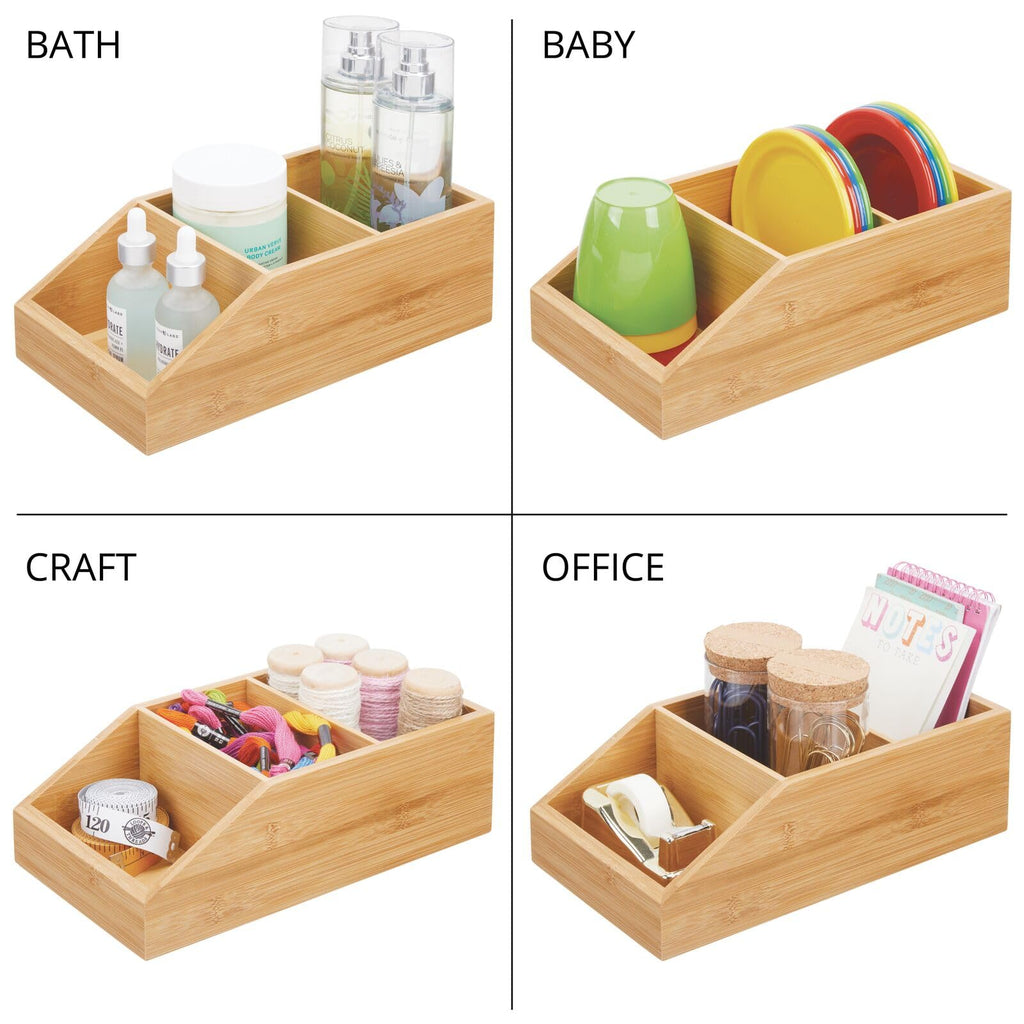 mDesign Bamboo Wood Compact Bathroom Storage Organizer Bin Box - 3 Divided Sections - Cabinets, Shelves, Countertops, Bedroom, Kitchen, Laundry Room, Closet, Garage - Natural/Tan