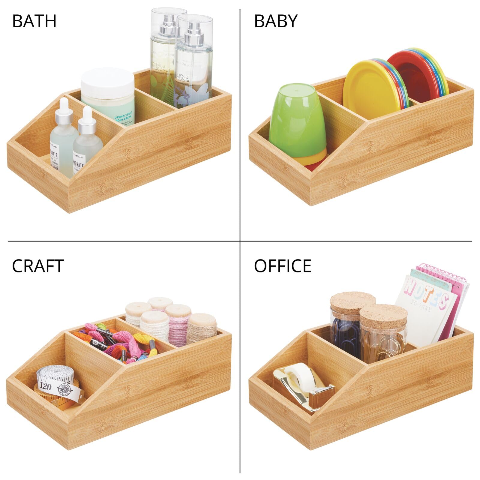 mDesign Bamboo Wood Compact Bathroom Storage Organizer Bin Box - 3 Divided Sections - Cabinets, Shelves, Countertops, Bedroom, Kitchen, Laundry Room, Closet, Garage - Natural/Tan