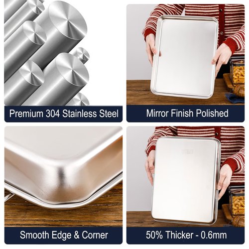 HYTK Extra Small Serving Tray in Bulk Stainless Steel 304 Little Tiny Baking Sheet Pans 9.3 x 6.9 x1.1Inch (Diagonal 10.63) Dishwasher Safe No Rust Reheat Food for 1~2 Person 12 Pack