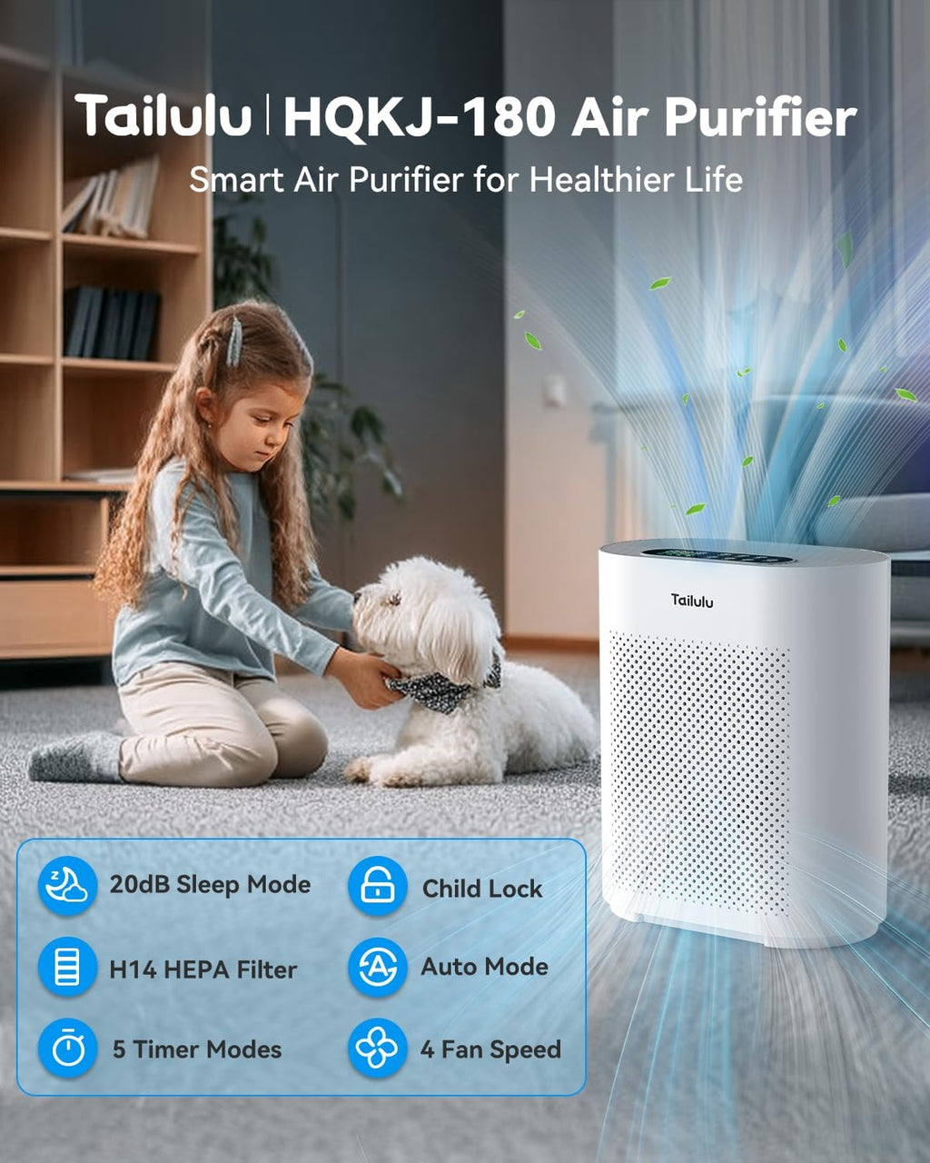 Tailulu HQKJ-180 Air Purifier - Smart Mode with PM2.5 Sensor & 20dB Sleep Mode for Large Rooms Up to 2200ft²