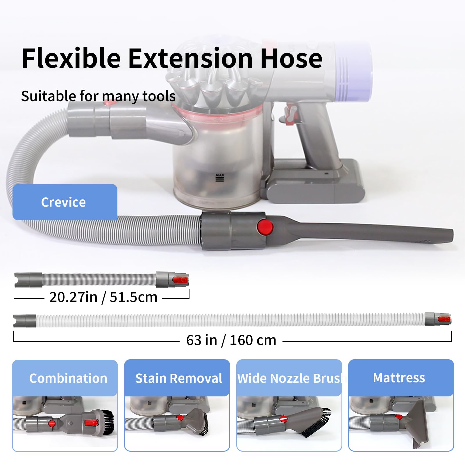 Replacement Attachment Kit compatible with Dyson V7 V8 V10 V11 V15 Absolute Animal Vacuum Cleaner, Flexible Extension Hose Mattress Tool Stiff Brush Soft Bristle Attachment, and Flexible Crevice Tool