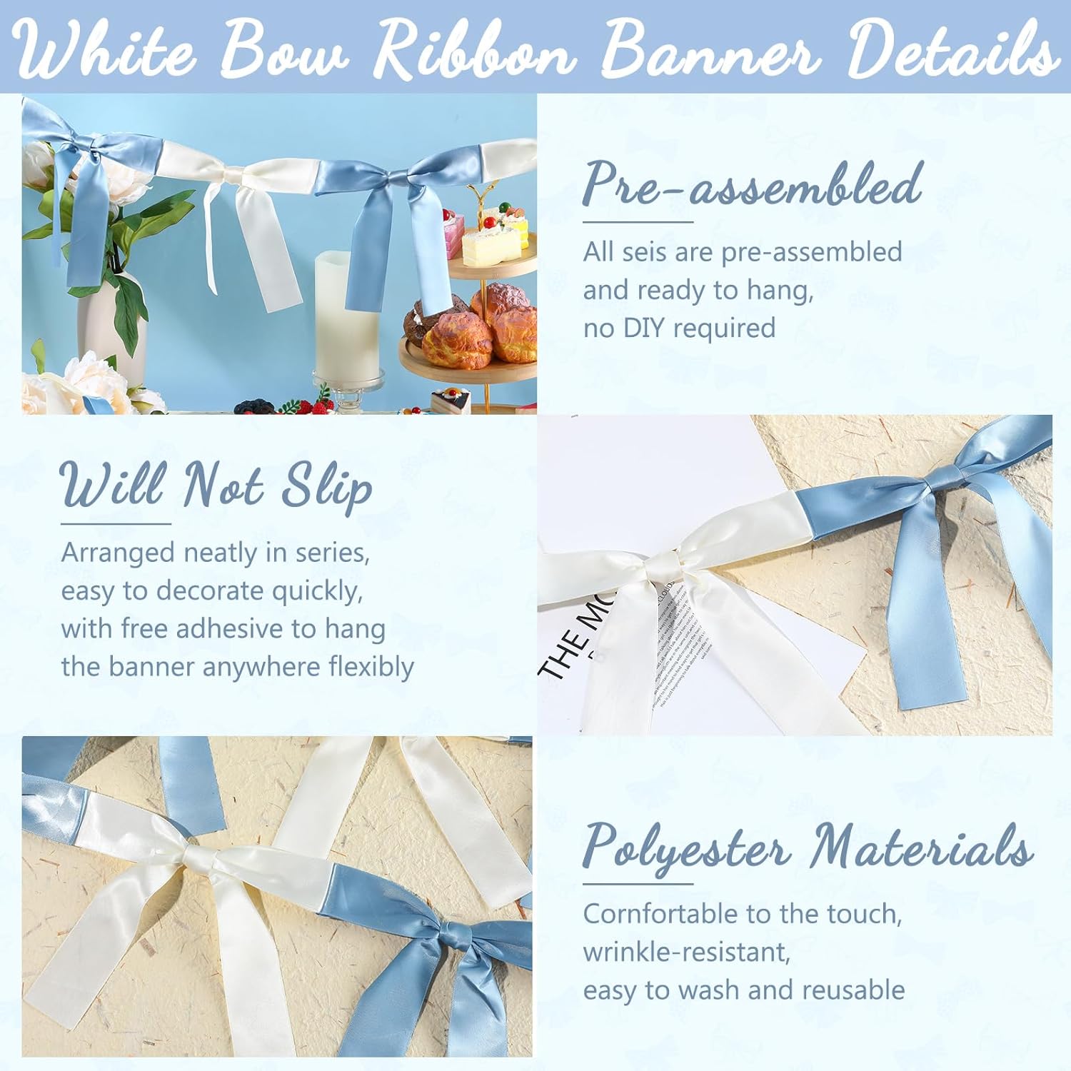 Skiennix Baby Blue & White Bow Garland Banner - 16.4 ft Party Decorations for Girls' Birthdays & Showers