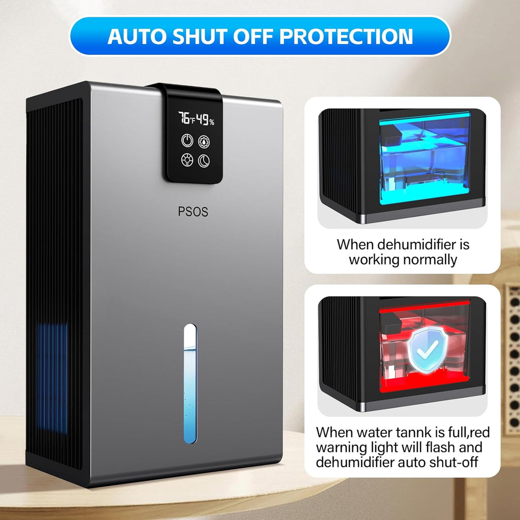 Skiennix Dehumidifier - Quiet 98 OZ Water Tank for Home | 1000 sq.ft Coverage with Humidity Display & Auto Shut Off - Gray