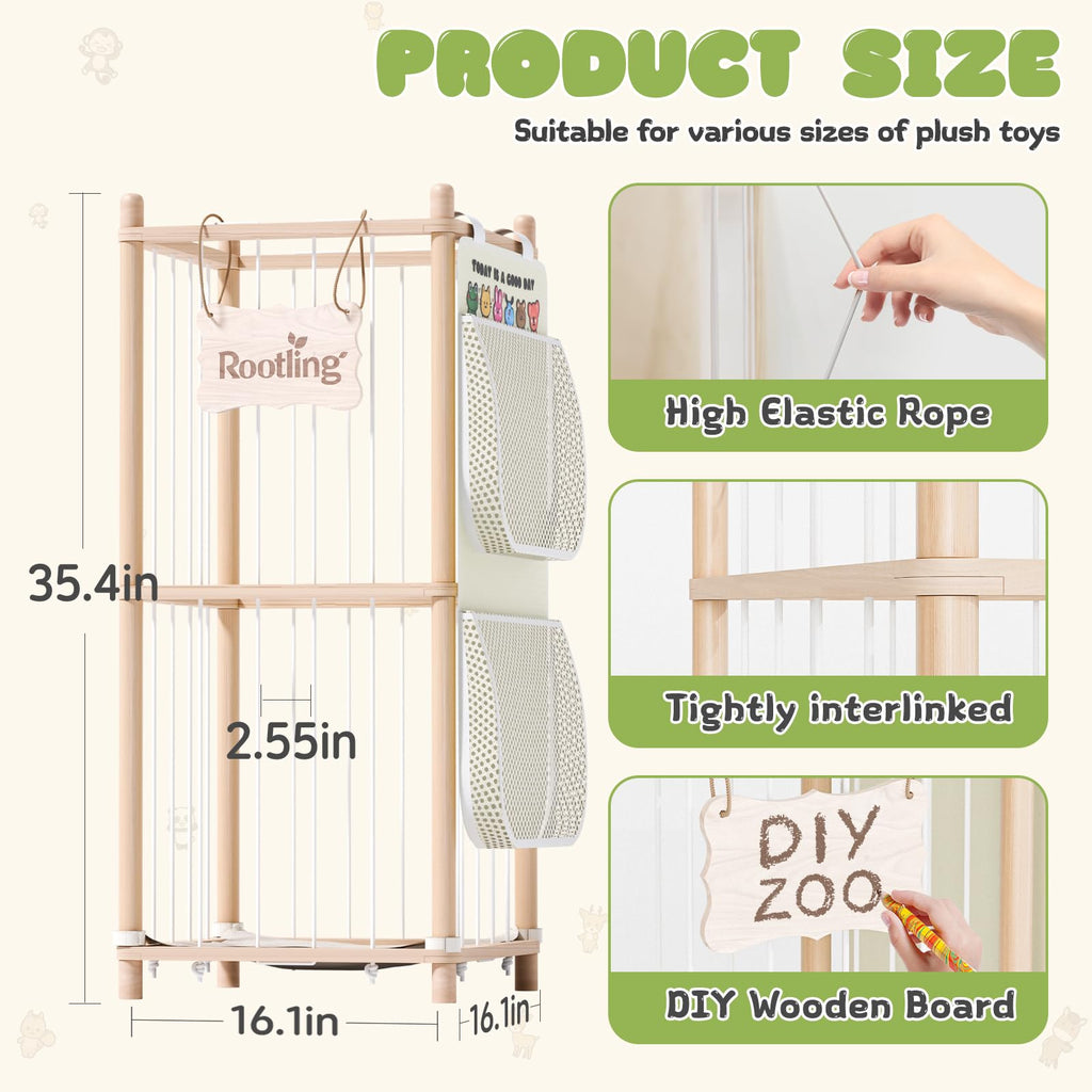 Rootling Stuffed Animal Storage & Organizer, 54 inch Tall Wooden Cute Zoo Toy Holder w/Building Block Storage Bag, Premium Wooden Material with Elastic Cord for Toddler Rooms, Playrooms (Small)
