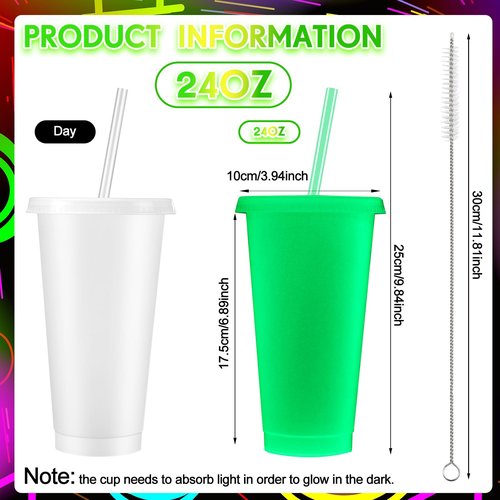 Honeydak 60 Pack 24 oz Glow in The Dark Cups Gift Bulk Light up Neon Plastic Tumbler with Straw and Lid Glow in The Dark Party Supplies Water Bottle Iced Coffee Mug Reusable(Fluorescent Green)