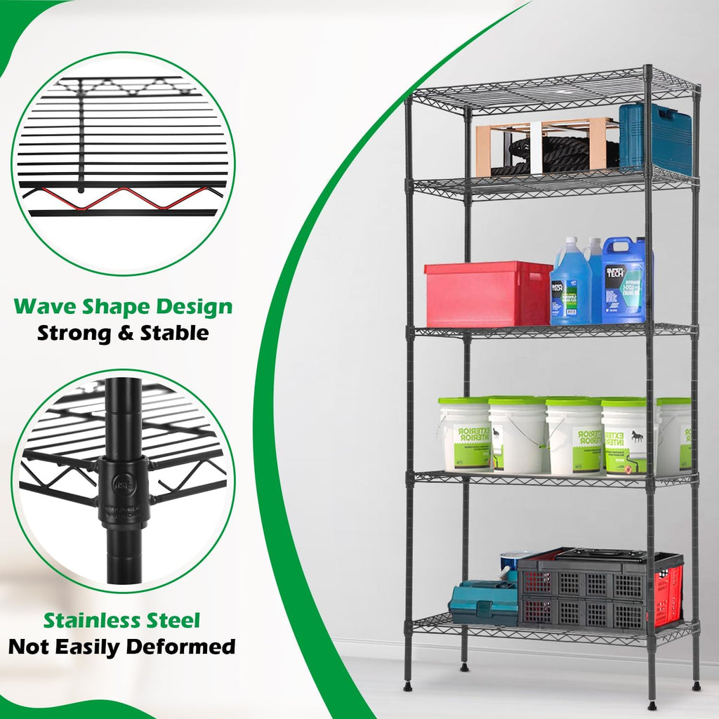 PayLessHere 5-Tier Wire Shelf with Wheels - Adjustable Heavy-Duty Storage Rack | 14"x30"x60" | Black, Rust-Resistant, Easy Assembly