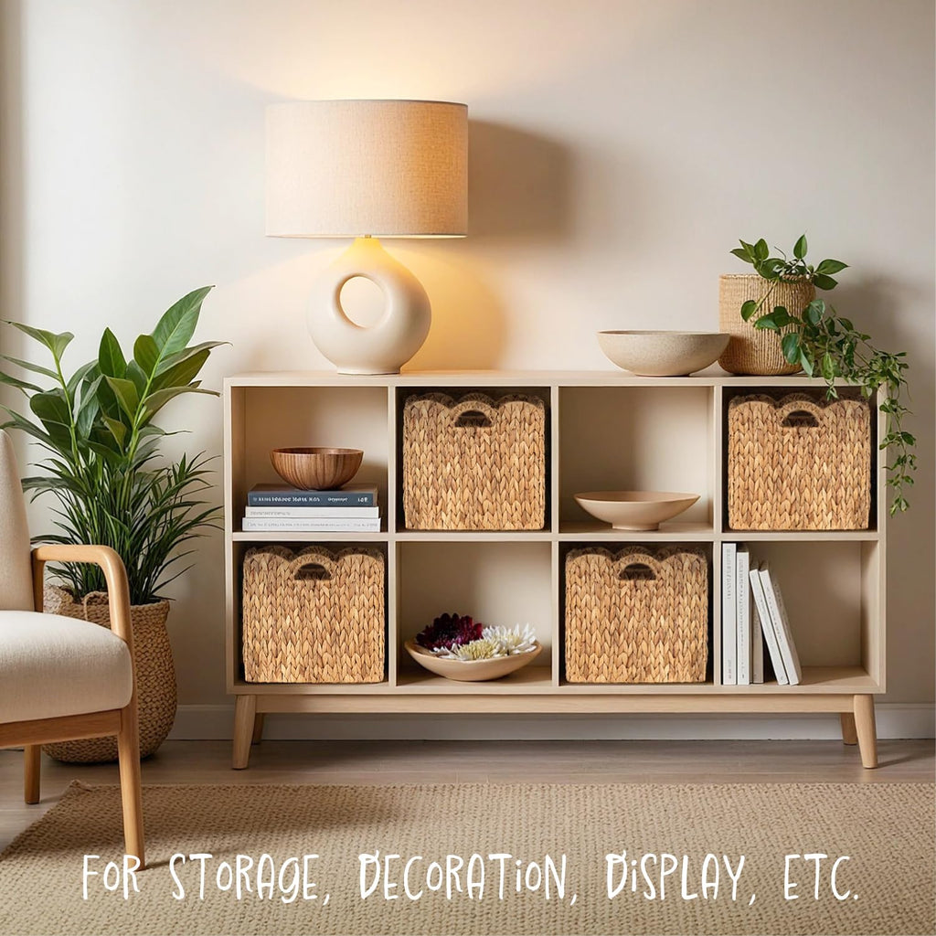 Set of 4 Foldable Scalloped Water Hyacinth Storage Cubes Basket, Storage Cube Bins -12"x12"x12", Collapsible Cube Organizers, Water Hyacinth Woven Bins for Bathroom, Bedroom, Laundry, Pantry, Shelves