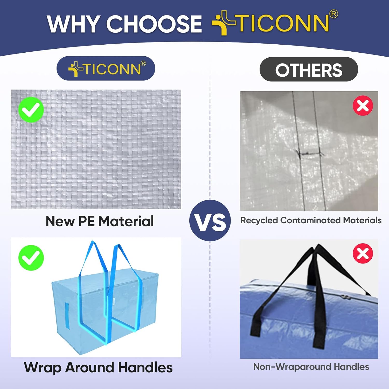 TICONN Extra Large Moving Bags - Heavy Duty Storage with Zippers & Handles | 6 Pack, Sky Blue