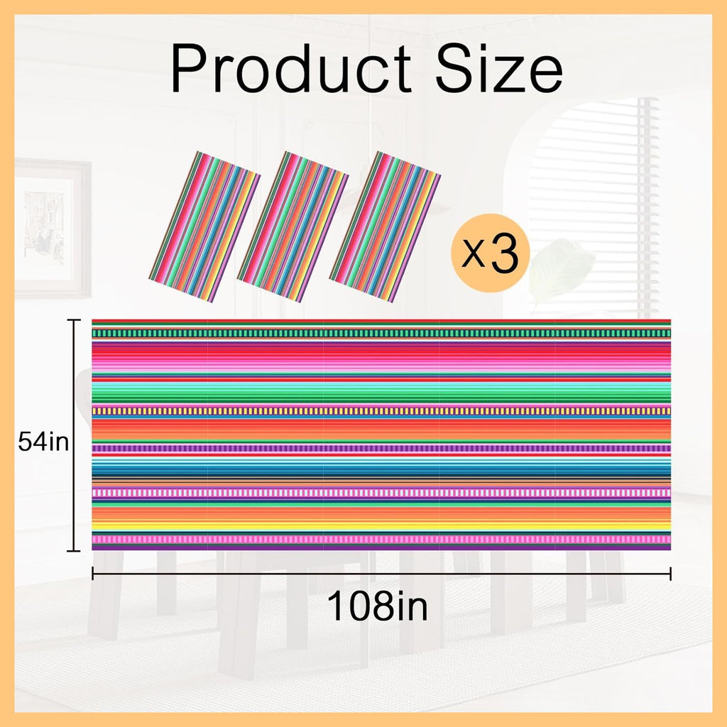 ASLERMURE 3 Pack Disposable Plastic Mexican Serape Tablecloths, 54 x 108 Inch Mexican Striped Party Table Cover for Mexican Wedding Birthday Party Decorations Outdoor Indoor Party Supplies