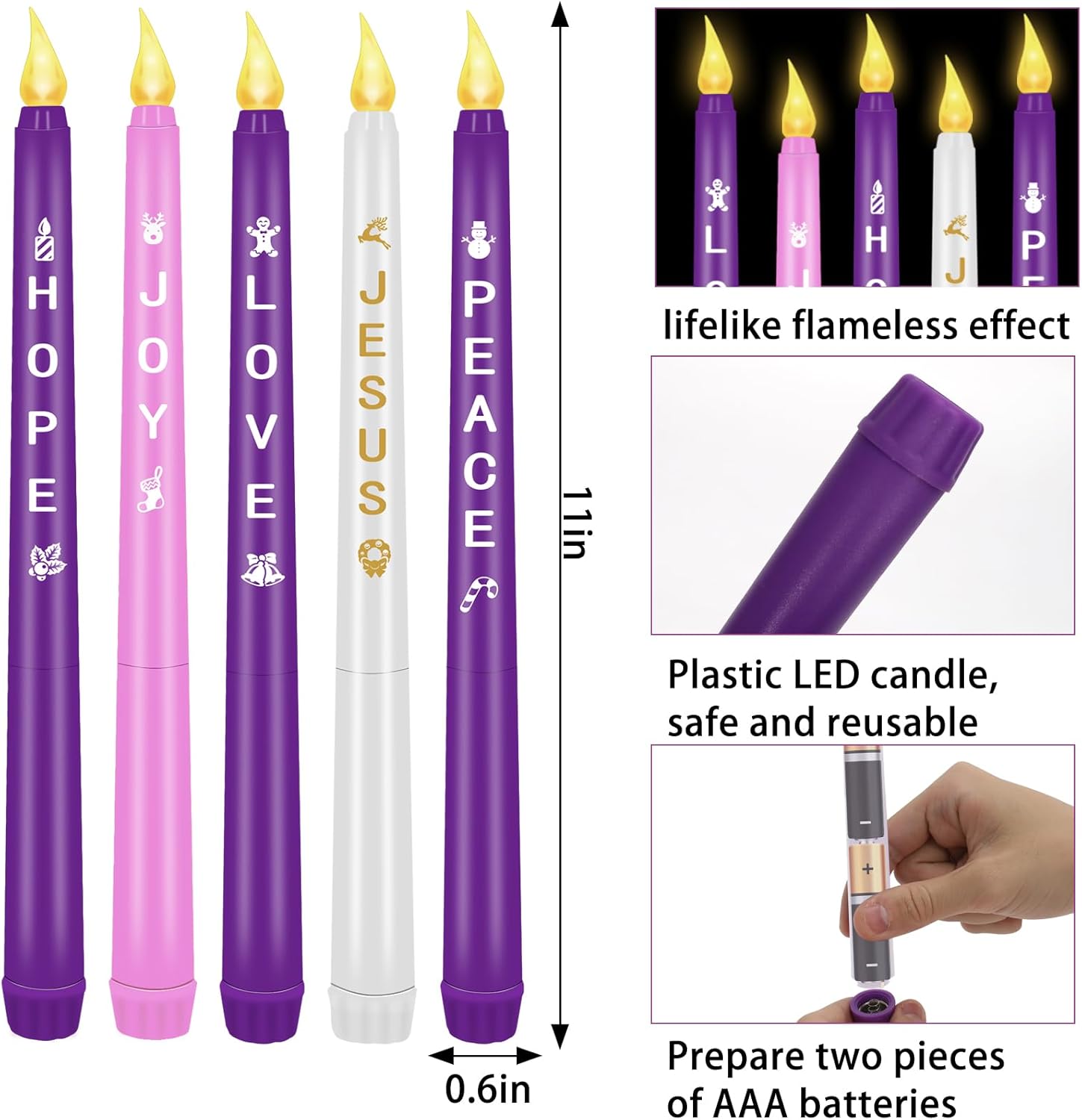 RGQSUN Flameless Advent Candles Set of 5 | Battery Operated Flickering Taper Candles for Christmas Decor