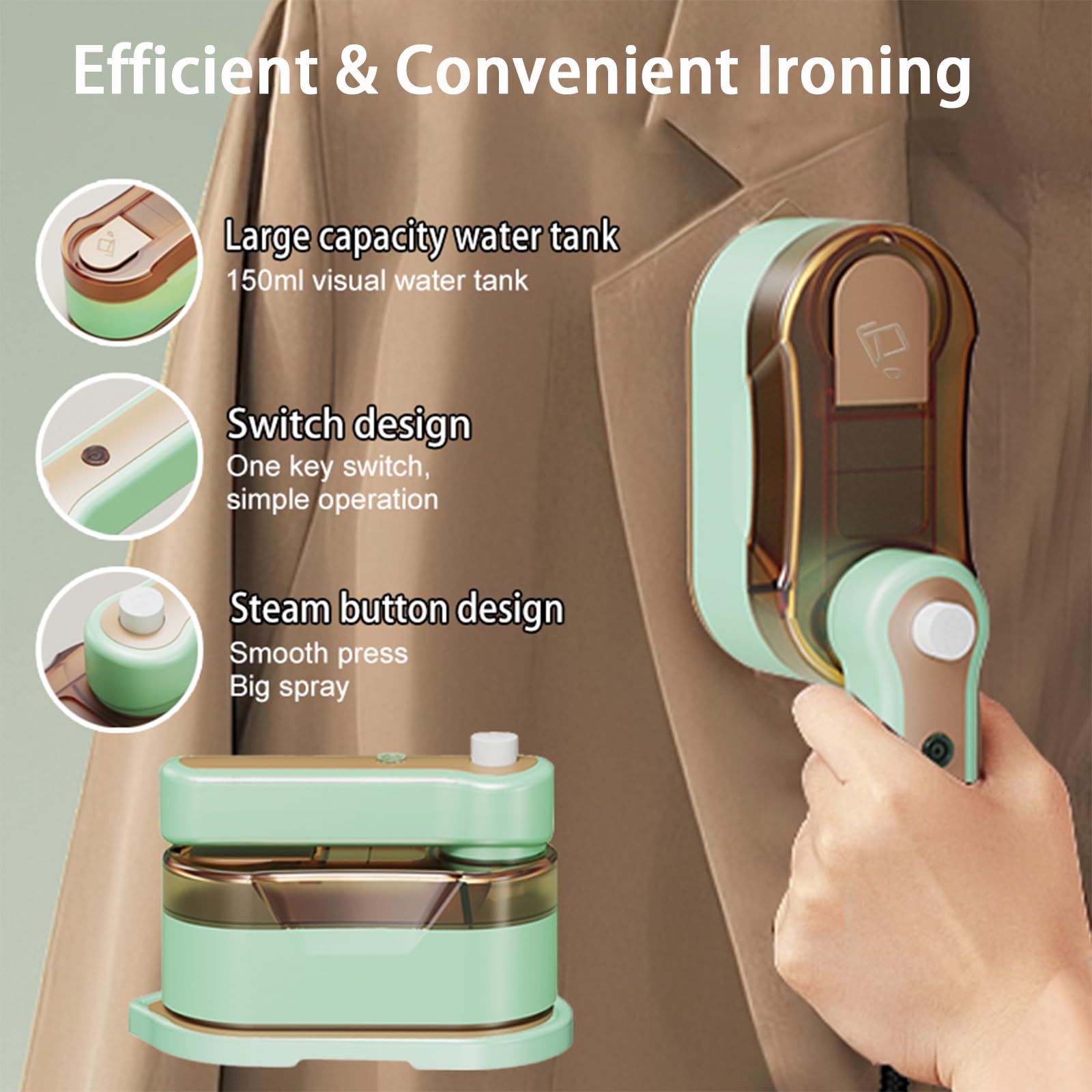 Portable Travel Steam Iron, 2-In-1 Wet&Dry Clothes Wrinkle Remover, Lightweight Handheld Hanging Iron with 20S Preheating, 150ml, Safe for Most Fabrics, Suitable for Home/Travel/Dormitories (White)