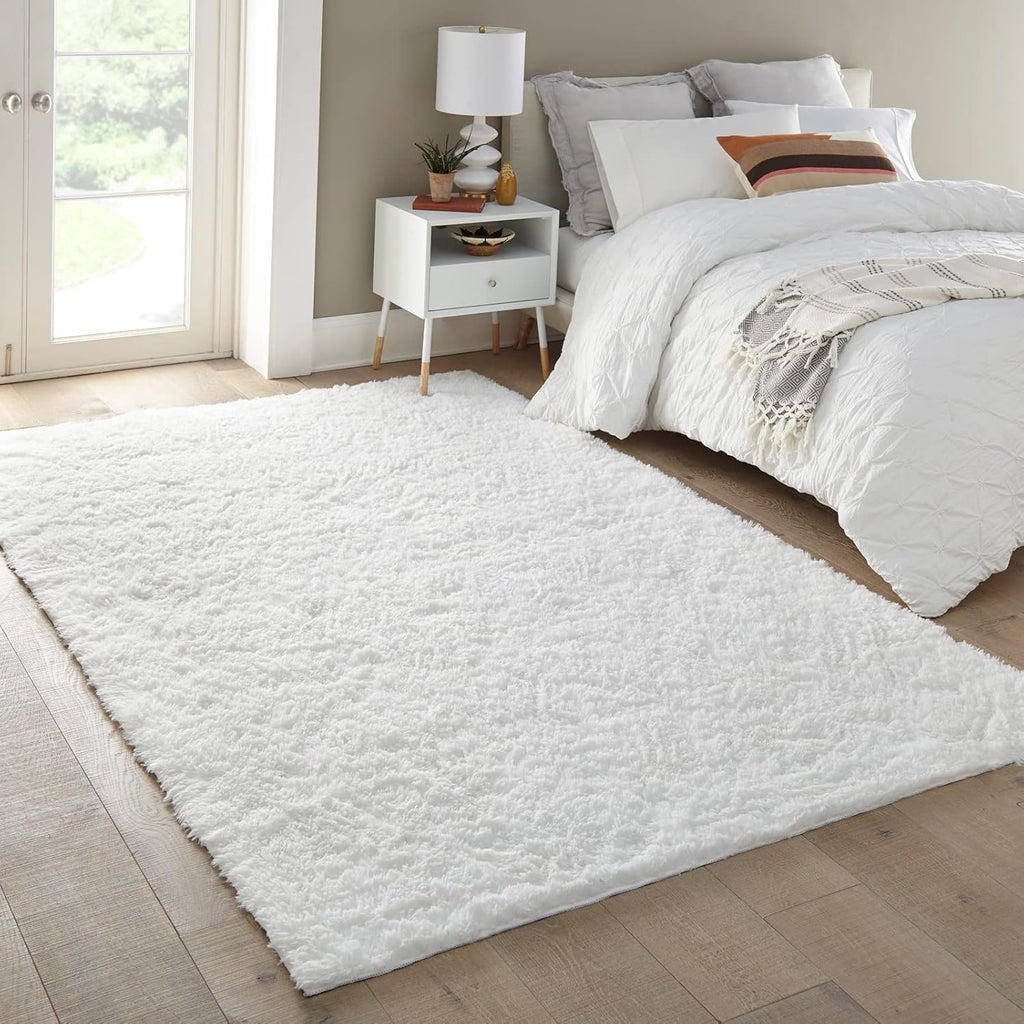 Ophanie 5x8 White Area Rug - Fluffy Plush Soft Shaggy Carpet for Living Room & Bedroom Decor
