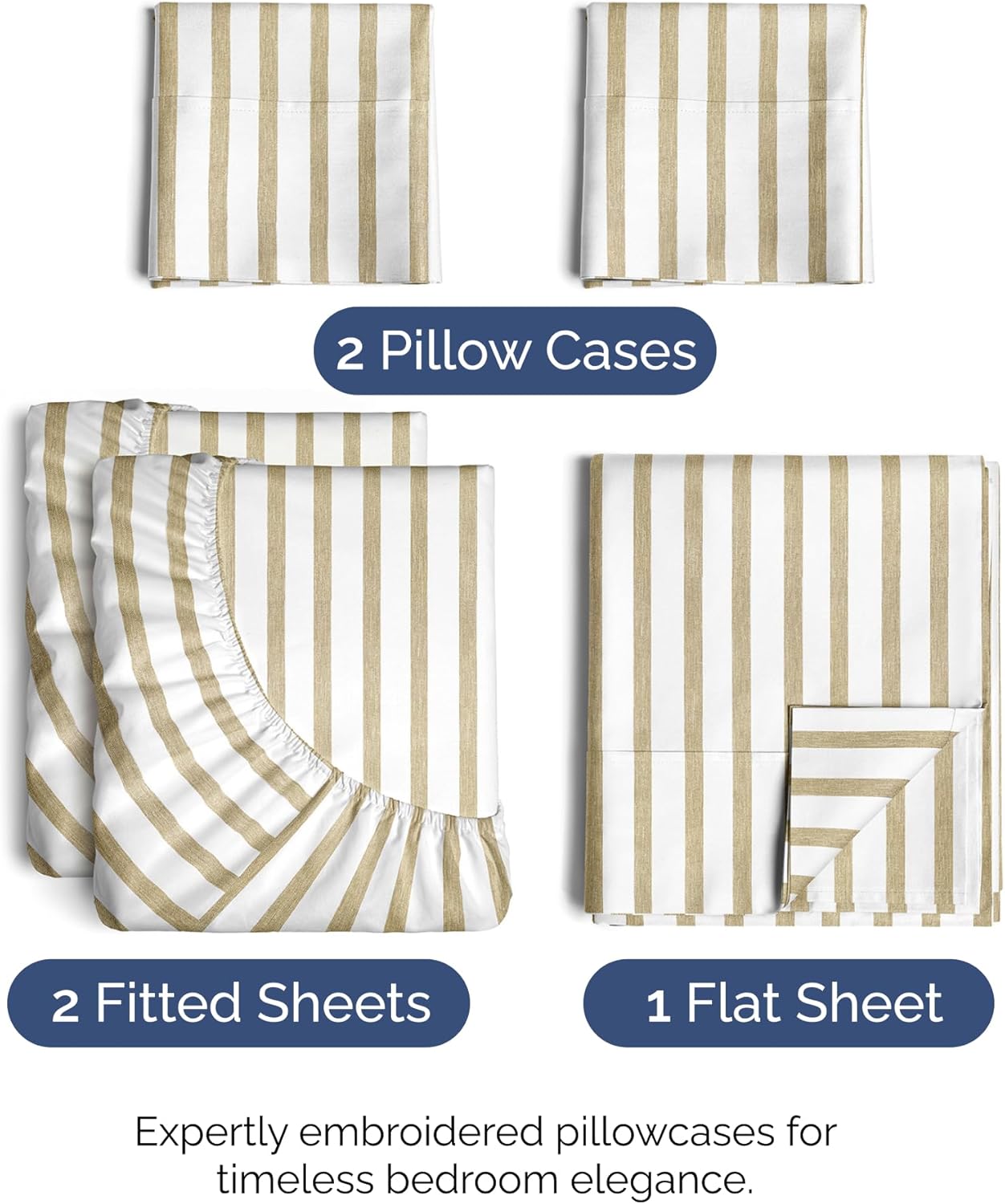 Split King Size 5-Piece Sheet Set - Comfy Cooling Bed Sheets | Luxury Hotel Quality - Soft, Wrinkle-Free Beige Stripes