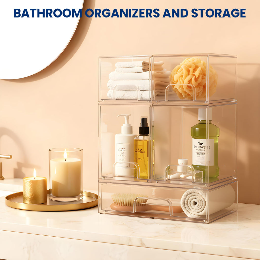 Baby Bottle Organizer Stackable, Acrylic Storage Drawers 5 pack with Non-Slip Pads, Pull-Out Drawers for Baby Bottle, Pump Parts, Pantry, Vanity Countertop (4.4" and 7.6" Tall and 12.1" Wide)