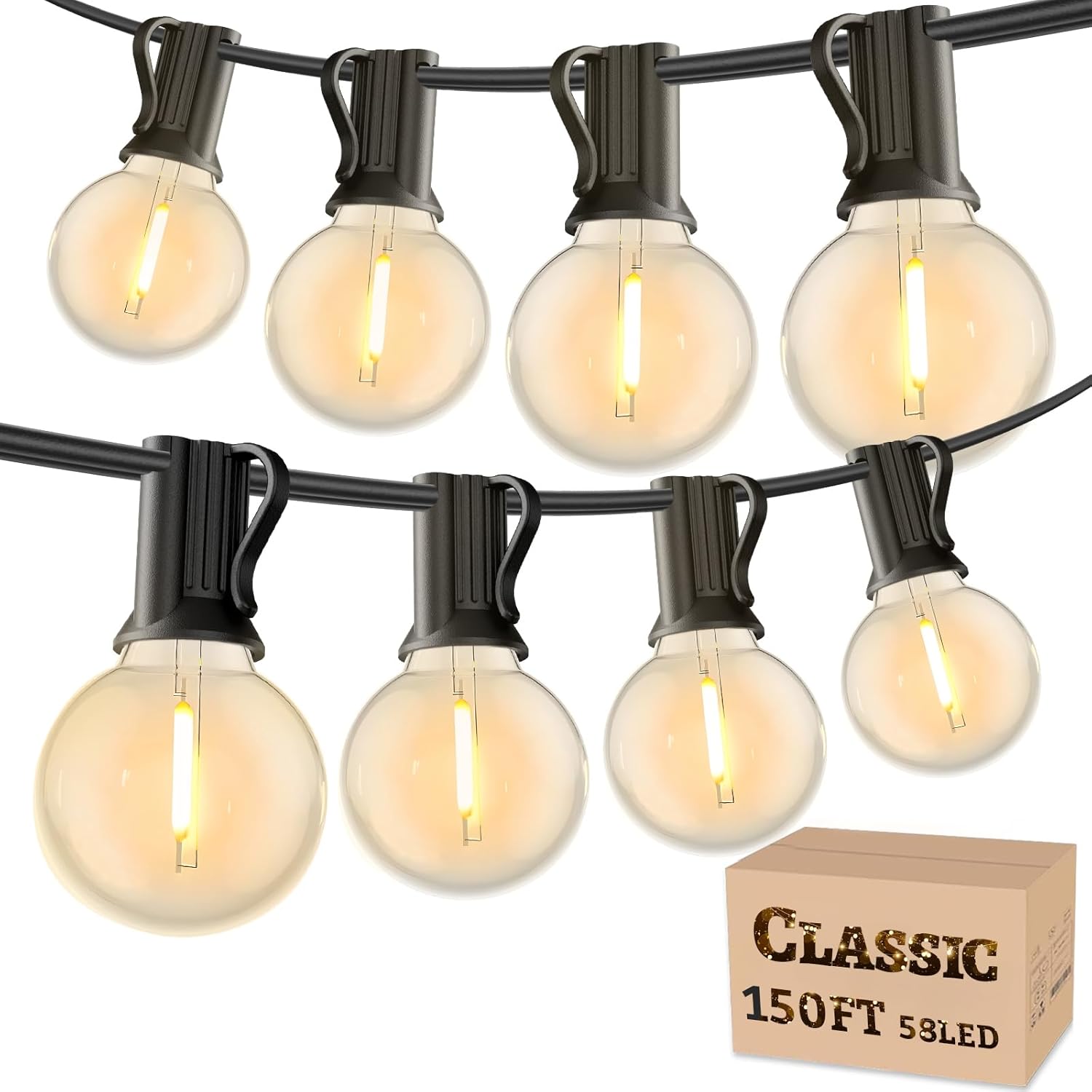 RTTY Outdoor String Lights - 150 FT Waterproof G40 Shatterproof LED Bulbs | Dimmable Globe Lighting for Patio, Bistro, Backyard, and Cafe - Warm White