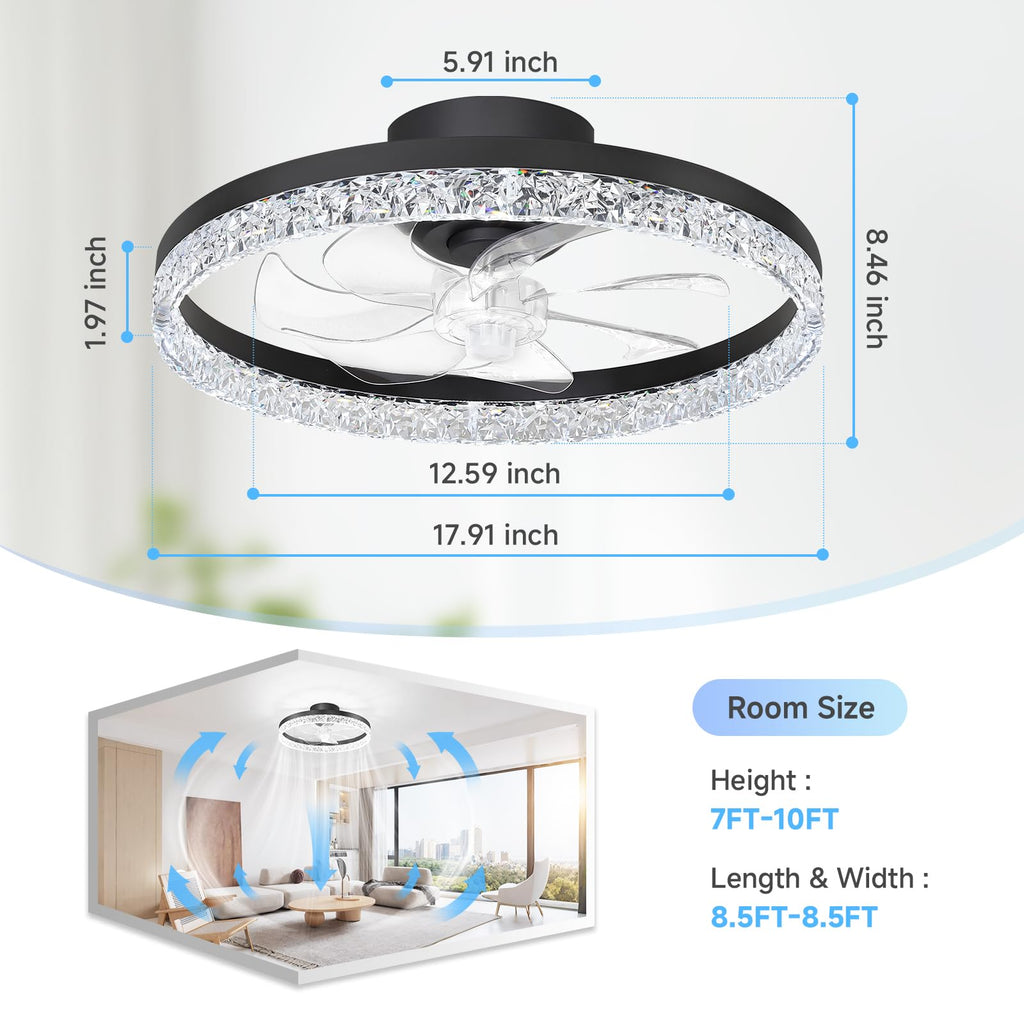 FOLKSMATE Ceiling Fan with Light and Remote, Low Profile Flush Mount Crystal Fandelier, Modern 6 Speeds Quiet Reversible, 2800-6500K Dimmable LED, Timer Fan Light for Bedroom Living Room Kitchen