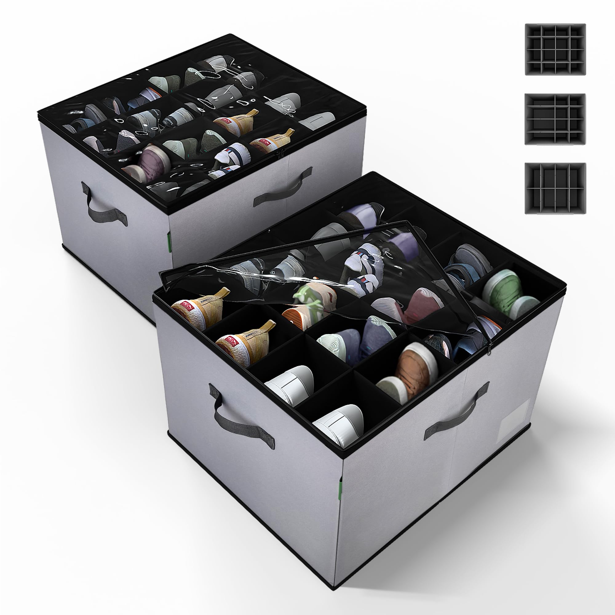 DeveHome 2 Pack Shoe Organizer for Closet, Foldable Fabric Shoe Storage Box with Adjustable Dividers and Clear Dustproof Cover, Large Collapsible Shoe Bins & Containers, Holds up to 32 Pairs, Gray