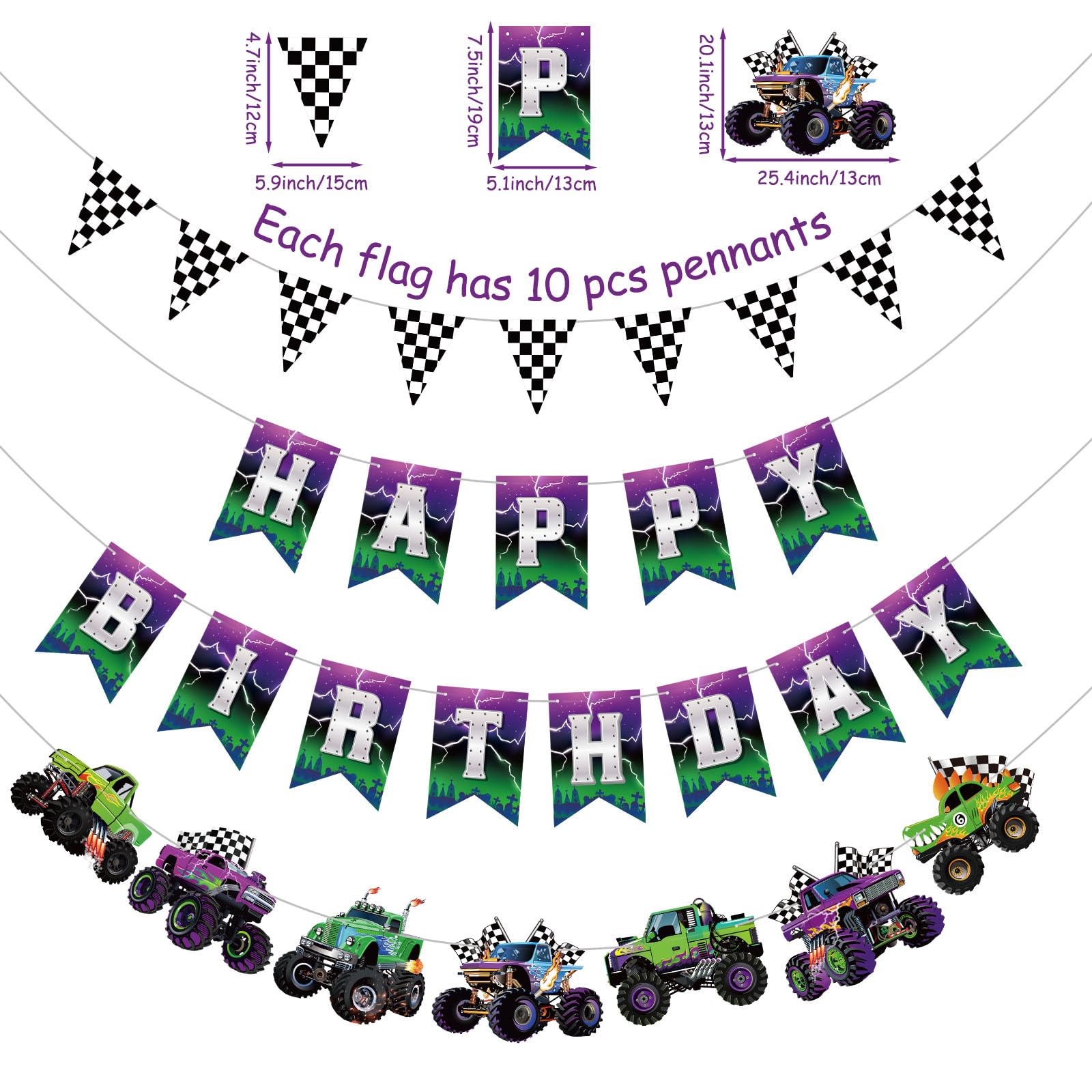 Pasimy 4 Pcs Monster Truck Birthday Banner Cars Truck Garland Black and White Checkered Flags Pennants Green Purple Happy Birthday Bunting Racing Car Theme Party Decorations Supplies