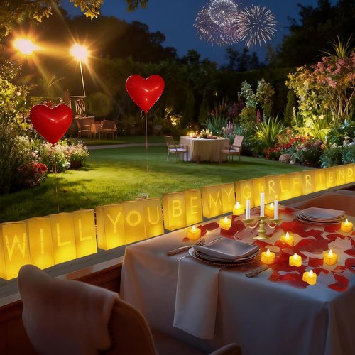 Will You Be My Girlfriend Decorations – Valentine’s Day Surprise Set with Light Up Letters, 30 Tea Light Candles, 2000 Rose Petals, 10 Balloons – Luminary Bags for Romantic Setup