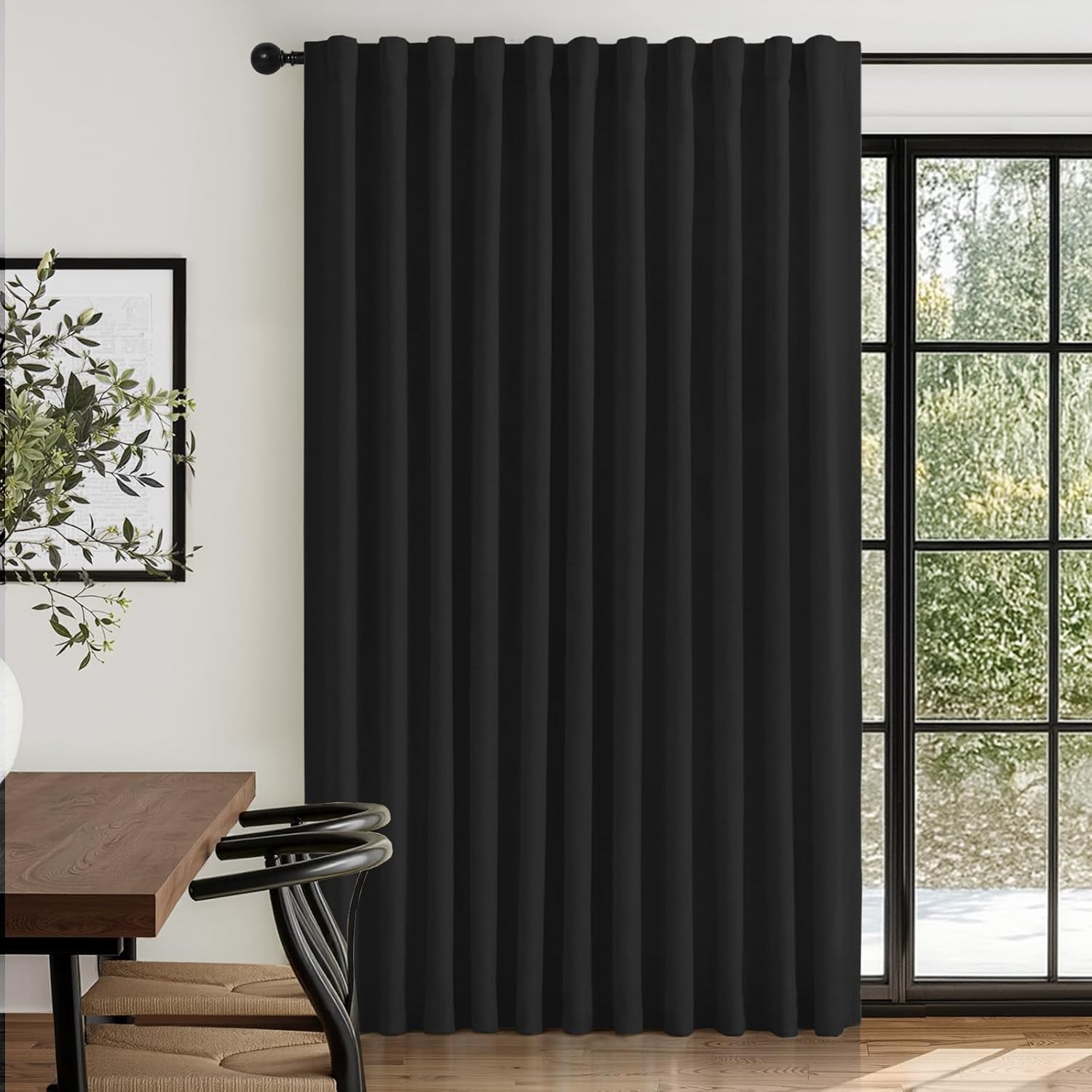 Skiennix 100% Blackout Linen Curtains - Thermal Insulated Drapes for Bedroom | 84" Long, Black, 1 Panel Set
