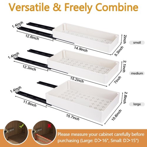 Creahaus 3 Pack Pull Out Drawers for Cabinets with Metal Slides, Easy to Install Cabinet Roll Out Shelves, Smooth Slide Out Drawers for Kitchen Cabinets with Nano Adhesive