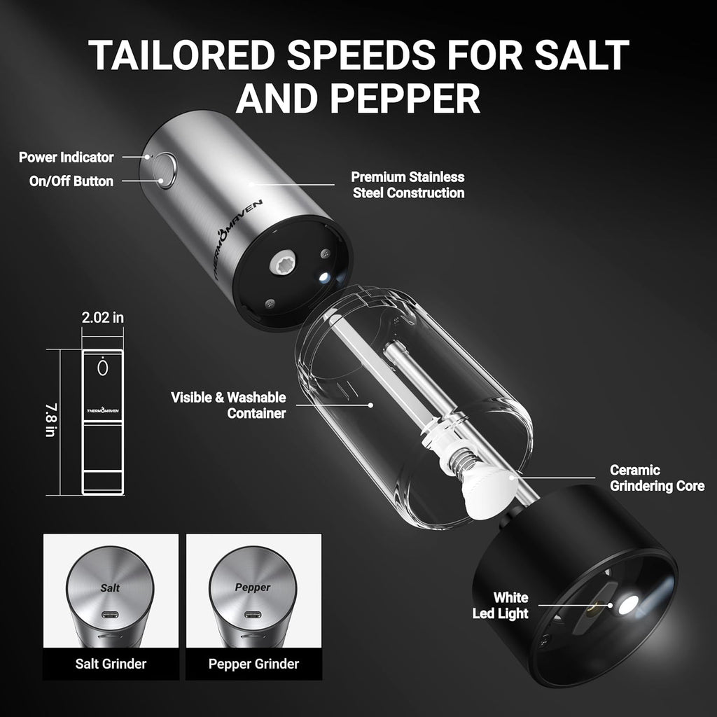 ThermoMaven Electric Salt and Pepper Grinder Set - Rechargeable 110ml Mill with 6 Coarseness Levels | Black, 2-Pack