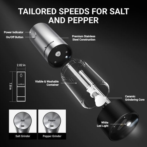 ThermoMaven Upgraded Larger Capacity Electric Salt and Pepper Grinder Set, 110ml Rechargeable Salt and Pepper Shaker with LED light, 6 Adjustable Coarseness, Stainless Steel, Black & Silver