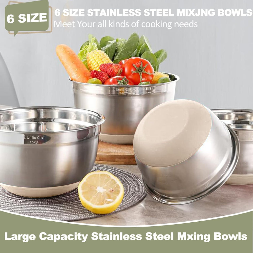 Umite Chef Mixing Bowls - 6-Piece Stainless Steel Set with Airtight Lids & Non-Slip Bottoms | Khaki