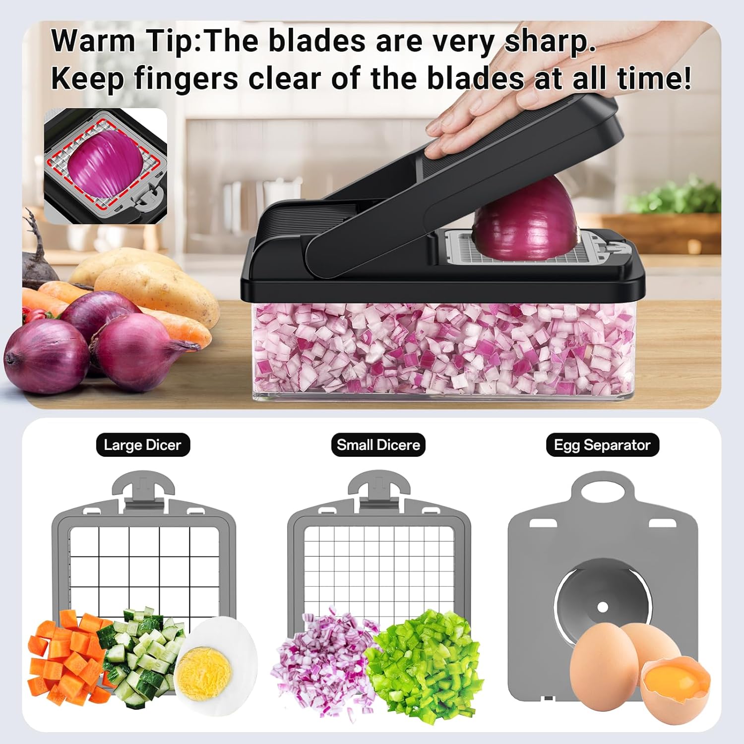 SpaceHacks 12-in-1 Vegetable Chopper - Versatile Kitchen Gadget with 7 Blades & Egg Separator | Gray