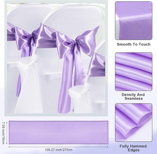 Lounsweer Folding Chair Cover Set - 50 Pcs with 25 Stretch Spandex Slipcovers & Satin Sashes | Wedding & Party Decor (White, Lavender)