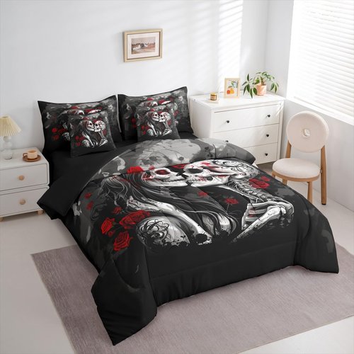 Erosebridal Valentine Gothic Skull Couple Queen Comforter Set with Sheets 7 Piece Red Rose Valentine Day Skeleton Bones Bed in A Bag Sugar Skull Bedding Sets for Kids Adults,Goth Halloween Bed Set