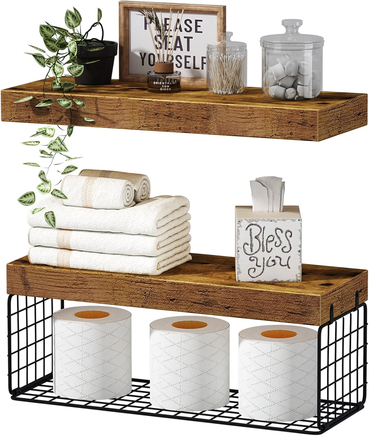 QEEIG Floating Shelves Set of 2 - 16 Inch Farmhouse Design & Over Toilet Storage Bundle
