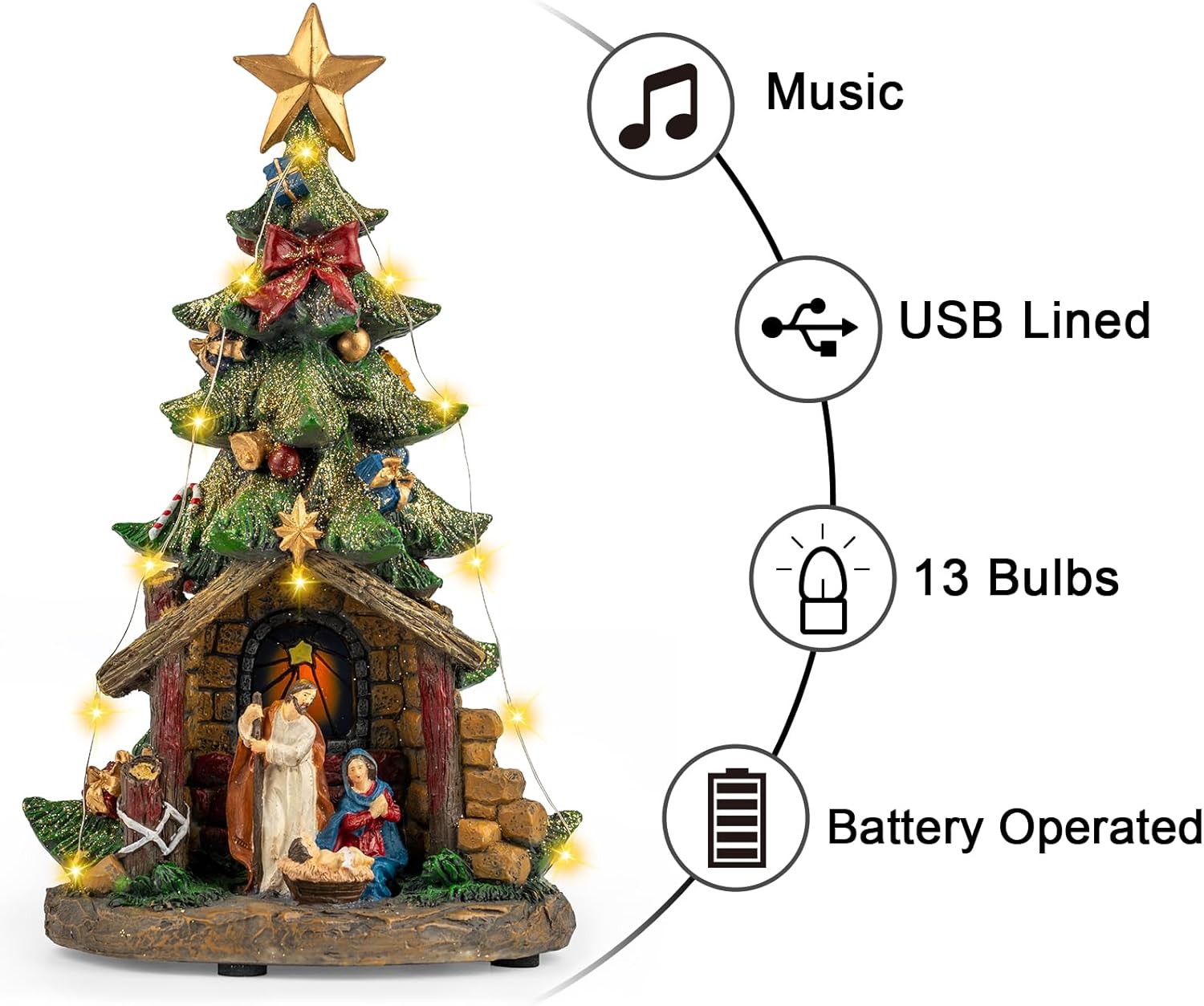 VISFLAIR 12'' Lighted Christmas Tree Nativity Scene - Musical Holy Family Figurines with LED Lights
