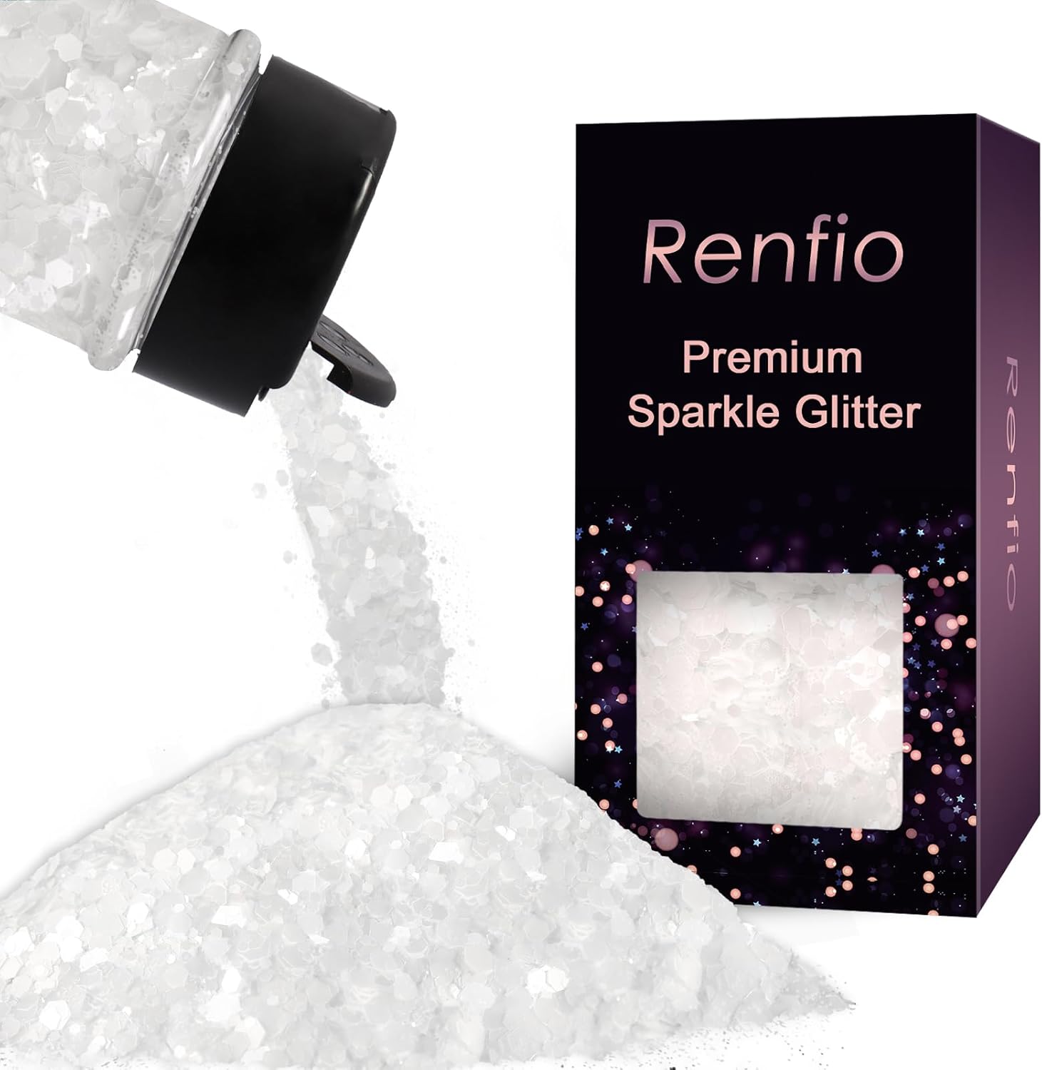 Renvio Matte White Chunky Glitter - 1.76oz Mixed Resin Glitter for Crafts, Snow Globes & Decorations