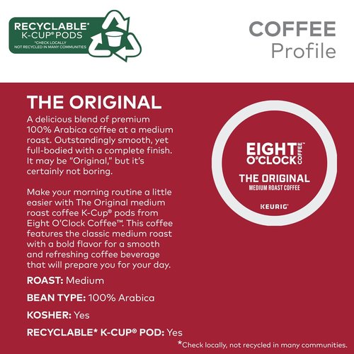 Eight O'Clock Coffee Medium Roast K-Cup Pods - Original Flavor, Single-Serve, 72 Count