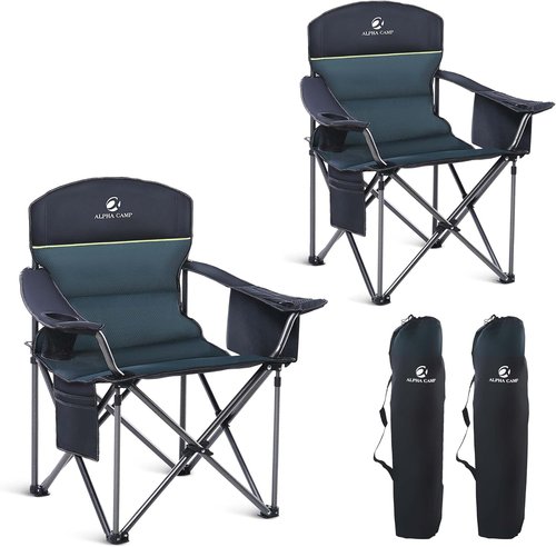 Green Party Folding Camping Chair - Oversized Heavy-Duty Lawn Chair with Cooler Bag & Cup Holder | Collapsible Padded Armchair