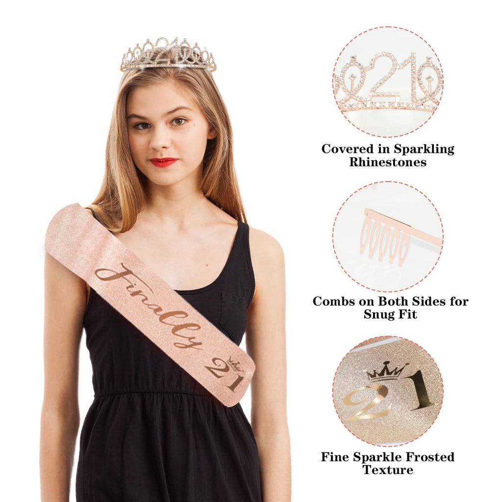 21st Birthday Decorations for Her,50Pcs PRE-STRUNG Rose Gold Black Party Set-21 Years Old Crown and Sash,Banner,Hanging Swirl,Backdrop Decor,CakeTopper,Age Candle, Balloons,Paper Fans,PRE-ASSEMBLED
