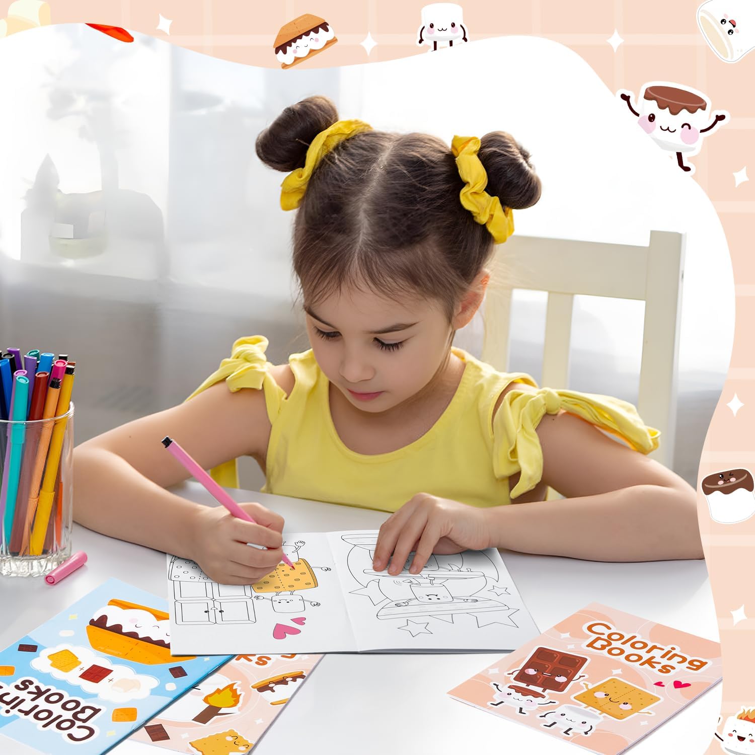 Marshmallow Mini Coloring Books - 24Pcs Campfire-Themed Art Set for Kids' Birthday Party Favors