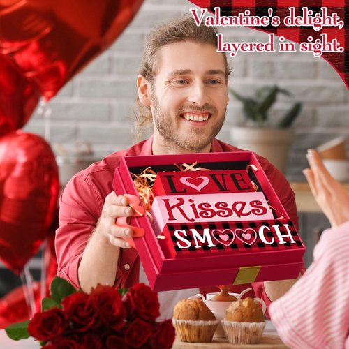 Burbell 3 Pcs Valentine Table Decoration Signs Tiered Tray Valentine Wooden Love Blocks Heart Wood Freestanding Decor for Farmhouse Centerpiece Wedding Gift(Sweet Style)