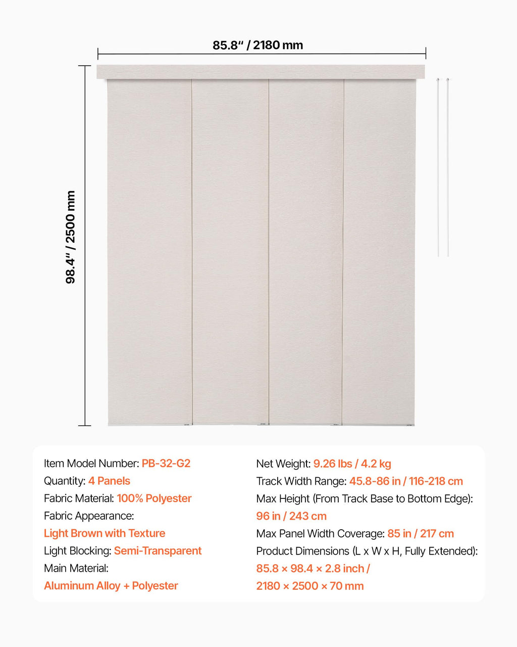 VEVOR Panel Track Blinds, Extendable Track from 45.8 in to 86 in W, Trimmable Panel Curtains Up to 96 in H, Adjustable Vertical Panel Blinds for Sliding Doors, Patio Doors, Room Divider, Light Brown