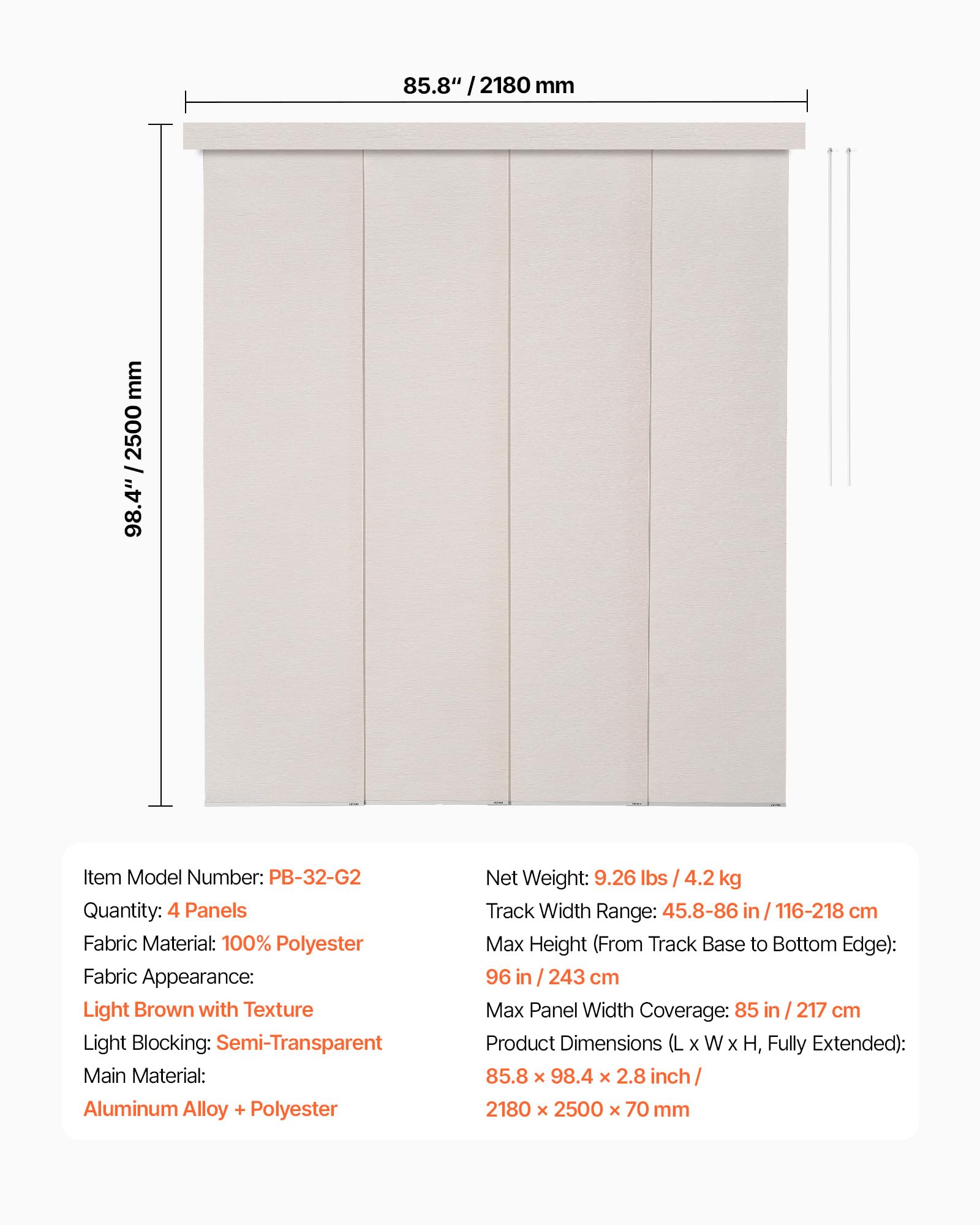 VEVOR Panel Track Blinds, Extendable Track from 45.8 in to 86 in W, Trimmable Panel Curtains Up to 96 in H, Adjustable Vertical Panel Blinds for Sliding Doors, Patio Doors, Room Divider, Light Brown
