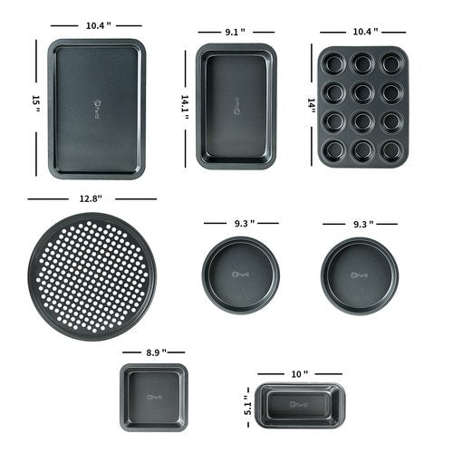 Perlli Baking Pan 8 Piece Set Nonstick Carbon Steel Gray Oven Safe Bakeware Kitchen Set, Cookie Sheet, 2 Round Cake Pans, Square Pan, Loaf Pan, Deep Dish Pan, Pizza Crisper, & 12 Cup Muffin Pan