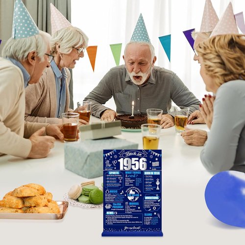 Back in 1956 70th Birthday Decorations - Two-Sided Wooden Table Sign with Stand | Blue & Silver Display
