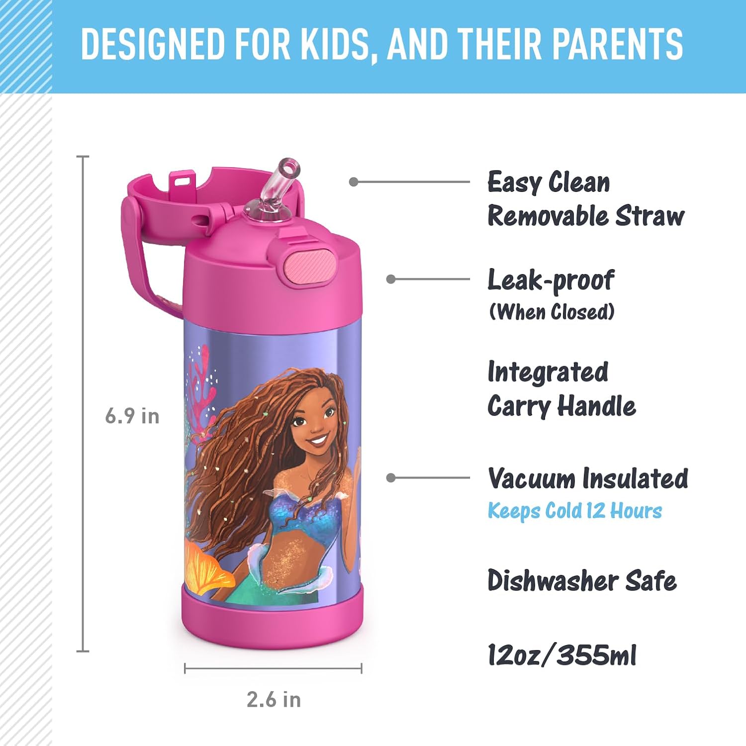 THERMOS FUNTAINER 12 Ounce Stainless Steel Kids Straw Bottle - Insulated, Little Mermaid Design