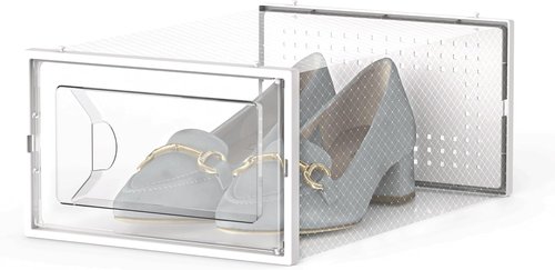Kuject Shoe Storage Boxes - 15 Pack Large Clear Stackable Organizers for Closet | Drop Front Design, Fits Size 10 (White)