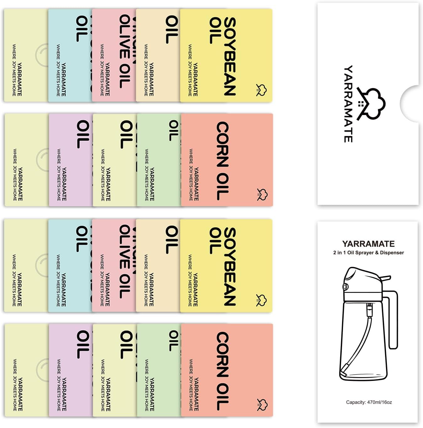 YARRAMATE Glass Olive Oil Sprayer - 16oz with 20 Color Labels | Elegant Black Design