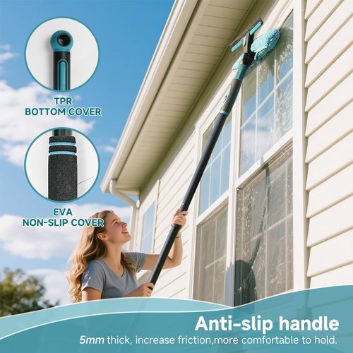 AIDELY 62" Window Squeegee, 2 in 1 Window Cleaning Tool with Telescopic Pole, Rotatable and Bendable Head for High Windows Indoor Outdoor, Includes 2 Blades & 2 Pads (Microfiber+Pads)